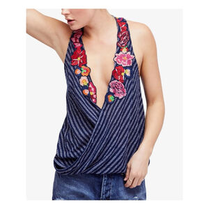 FREE PEOPLE Women Small Frida Navy Stripe‎ Floral Surplice Tank Appliqué Size S
